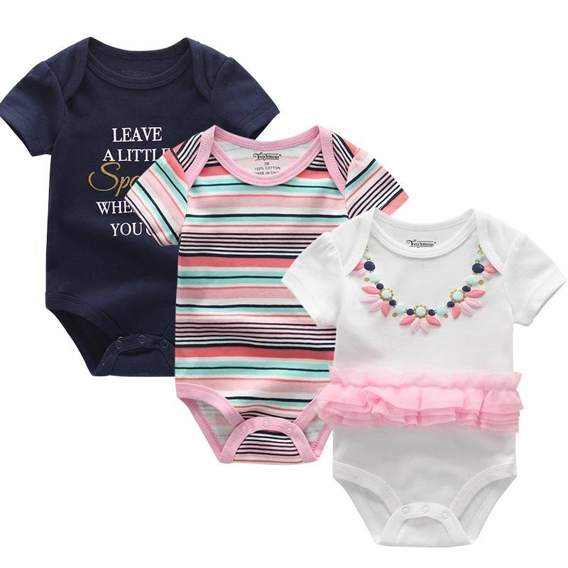 Cotton Infant Bodysuit Trio with Short Sleeves, Printed and Solid Baby One-Piece Outfits with Bottom Snaps for Boys and Girls, 3M-12M
