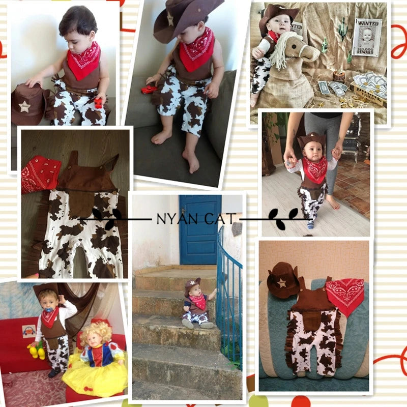 Cow Print Baby Cowboy Costume with Fringe Romper, Sheriff Hat and Red Bandana, Western Birthday Dress-Up Outfit with Sock Options