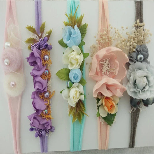 Floral Newborn Photography Headband, Handmade Flower Tieback with Stretch Fabric Band for Rustic Baby Portrait Sessions and Photo Props