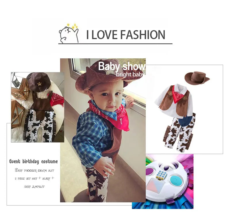 Cow Print Baby Cowboy Costume with Fringe Romper, Sheriff Hat and Red Bandana, Western Birthday Dress-Up Outfit with Sock Options