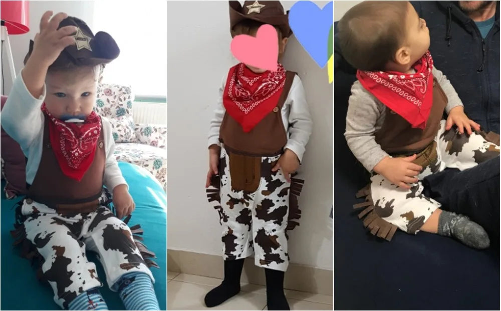 Cow Print Baby Cowboy Costume with Fringe Romper, Sheriff Hat and Red Bandana, Western Birthday Dress-Up Outfit with Sock Options