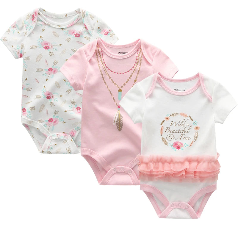 Cotton Infant Bodysuit Trio with Short Sleeves, Printed and Solid Baby One-Piece Outfits with Bottom Snaps for Boys and Girls, 3M-12M