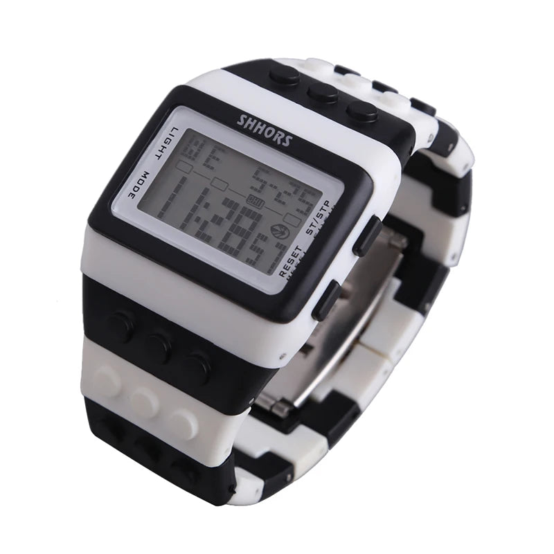 Colorful Link Digital Watch, Kids Block-Inspired Wristwatch with LED Backlight, Adjustable Plastic Band, Alarm, Calendar and Stopwatch for Daily Wear