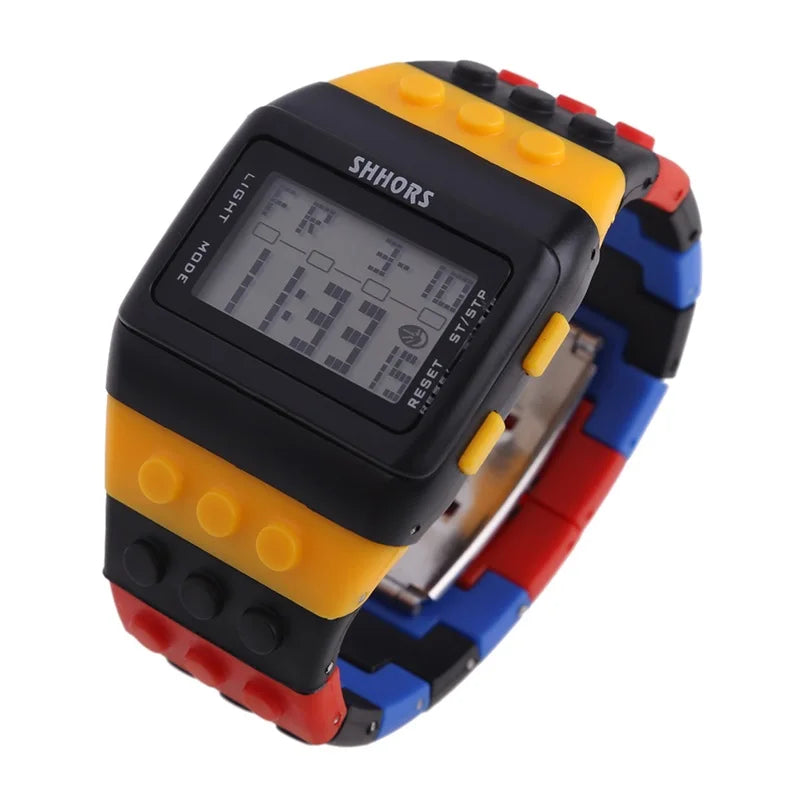 Colorful Link Digital Watch, Kids Block-Inspired Wristwatch with LED Backlight, Adjustable Plastic Band, Alarm, Calendar and Stopwatch for Daily Wear