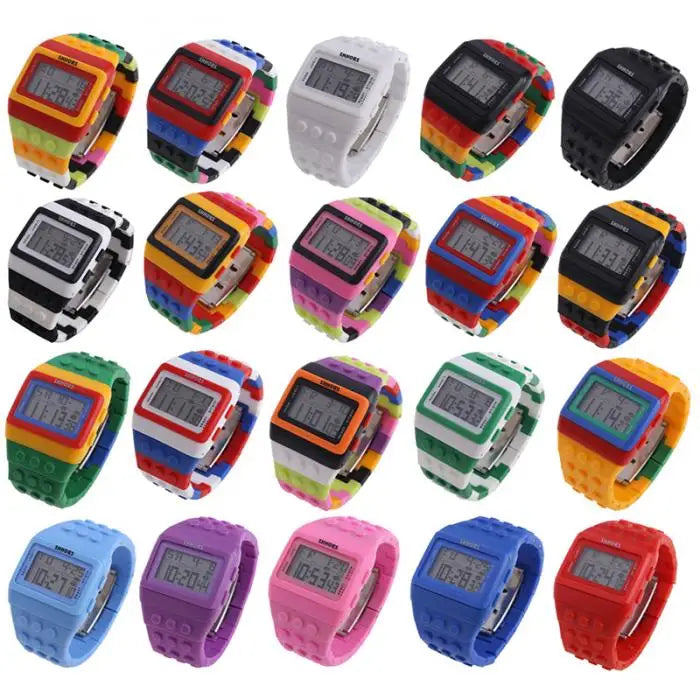 Colorful Link Digital Watch, Kids Block-Inspired Wristwatch with LED Backlight, Adjustable Plastic Band, Alarm, Calendar and Stopwatch for Daily Wear