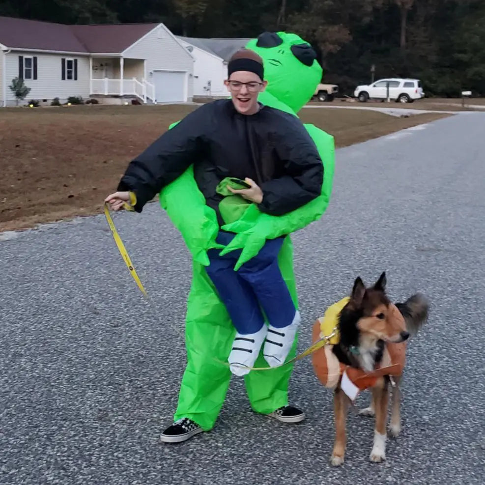Alien Piggyback Inflatable Costume for Adults and Kids, Green Carrying Illusion Suit with Fan for Halloween, Cosplay and Stage Parties
