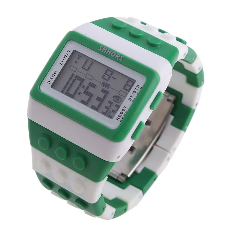 Colorful Link Digital Watch, Kids Block-Inspired Wristwatch with LED Backlight, Adjustable Plastic Band, Alarm, Calendar and Stopwatch for Daily Wear