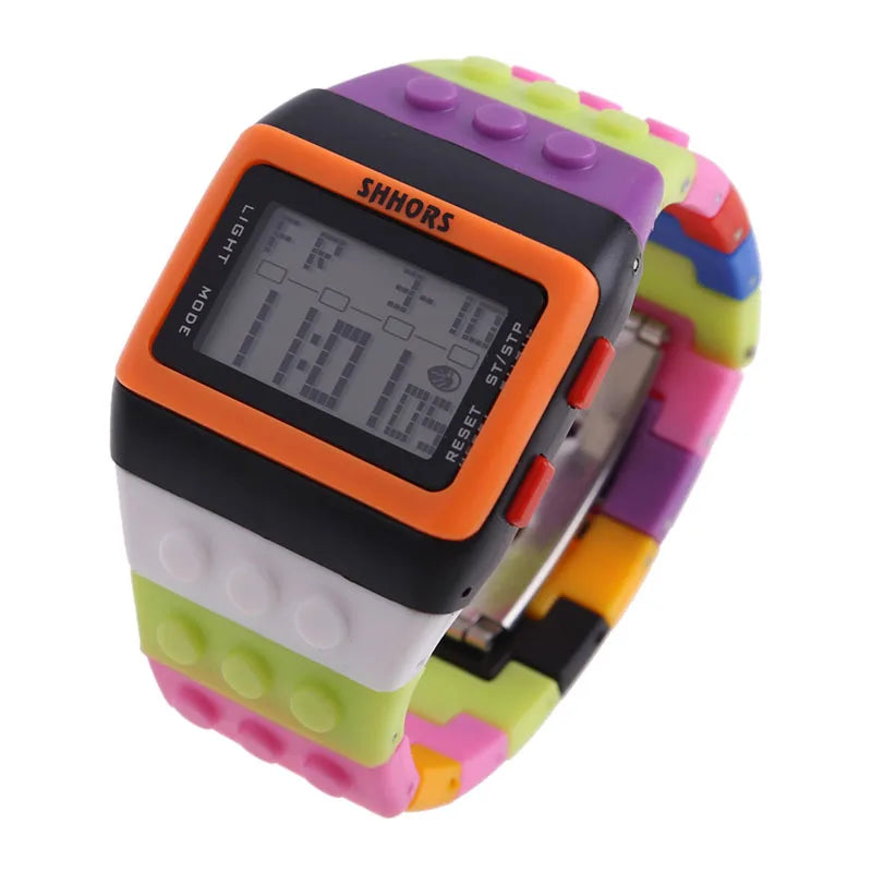 Colorful Link Digital Watch, Kids Block-Inspired Wristwatch with LED Backlight, Adjustable Plastic Band, Alarm, Calendar and Stopwatch for Daily Wear