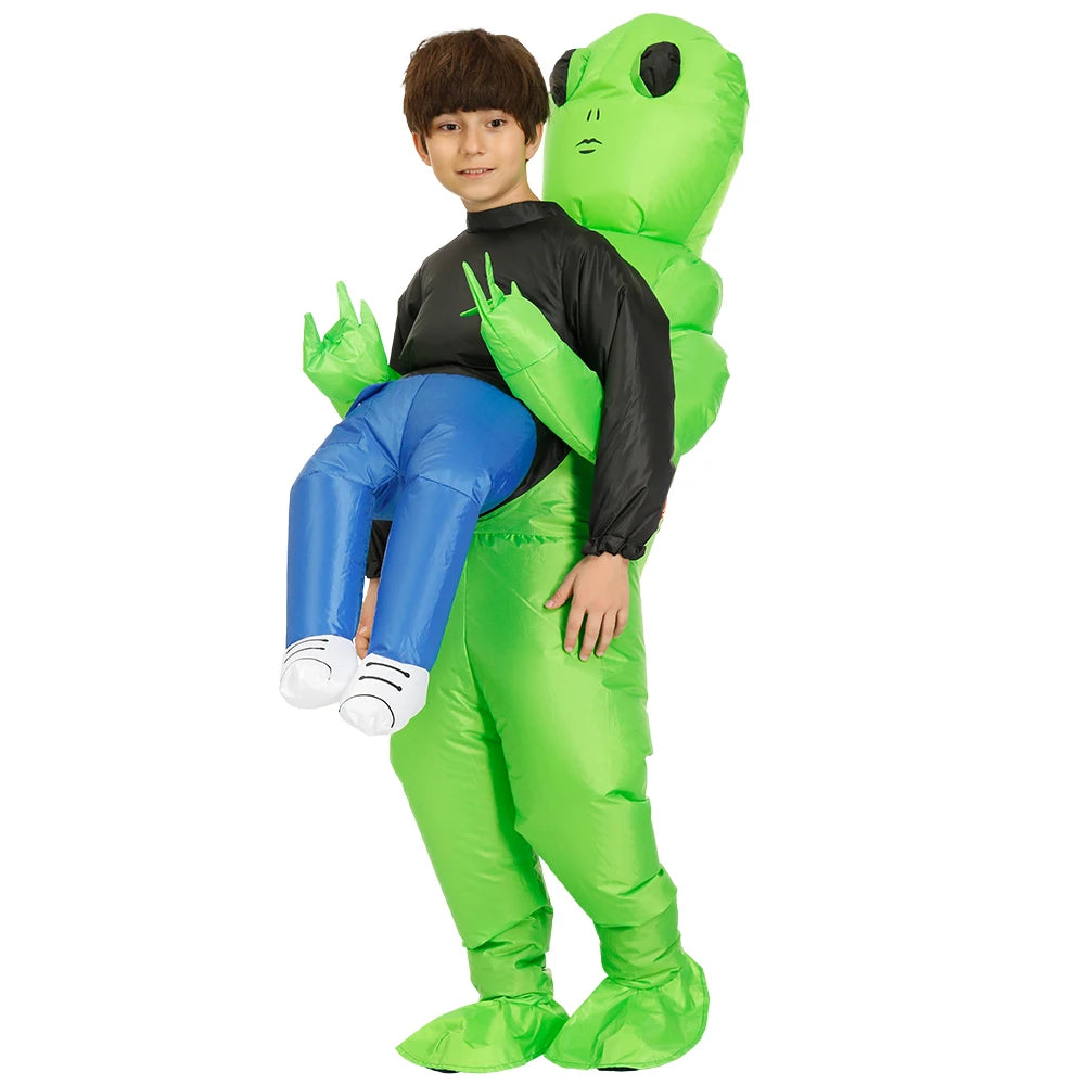 Alien Piggyback Inflatable Costume for Adults and Kids, Green Carrying Illusion Suit with Fan for Halloween, Cosplay and Stage Parties