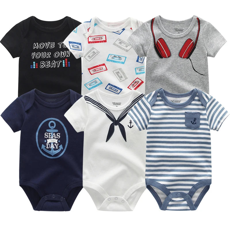 Baby Cotton Bodysuit Set, 6-Piece Short Sleeve Outfits with Envelope Shoulders and Snap Crotch for Boys and Girls, Sizes 3M-12M