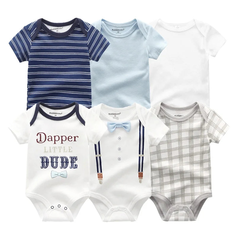 Baby Cotton Bodysuit Set, 6-Piece Short Sleeve Outfits with Envelope Shoulders and Snap Crotch for Boys and Girls, Sizes 3M-12M