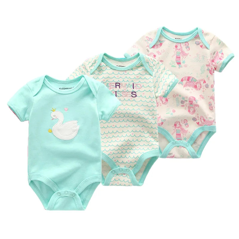 Cotton Infant Bodysuit Trio with Short Sleeves, Printed and Solid Baby One-Piece Outfits with Bottom Snaps for Boys and Girls, 3M-12M