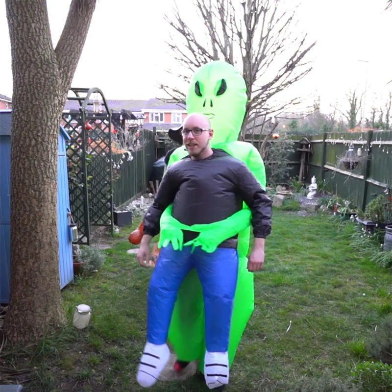 Alien Piggyback Inflatable Costume for Adults and Kids, Green Carrying Illusion Suit with Fan for Halloween, Cosplay and Stage Parties