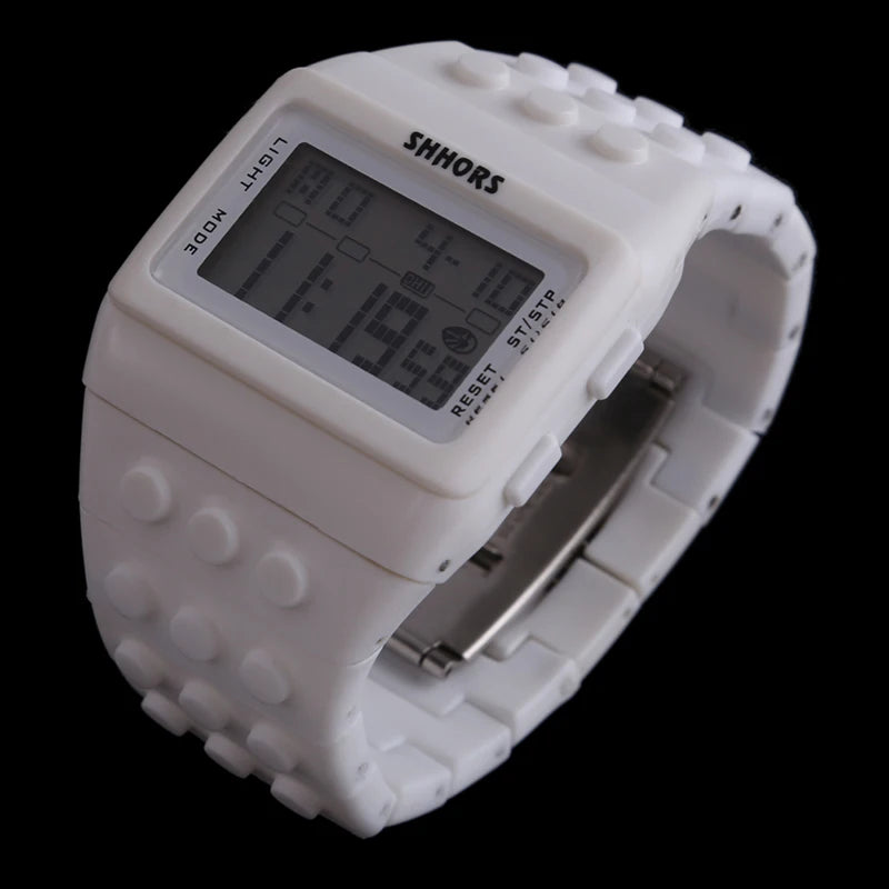 Colorful Link Digital Watch, Kids Block-Inspired Wristwatch with LED Backlight, Adjustable Plastic Band, Alarm, Calendar and Stopwatch for Daily Wear