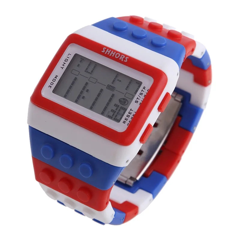 Colorful Link Digital Watch, Kids Block-Inspired Wristwatch with LED Backlight, Adjustable Plastic Band, Alarm, Calendar and Stopwatch for Daily Wear