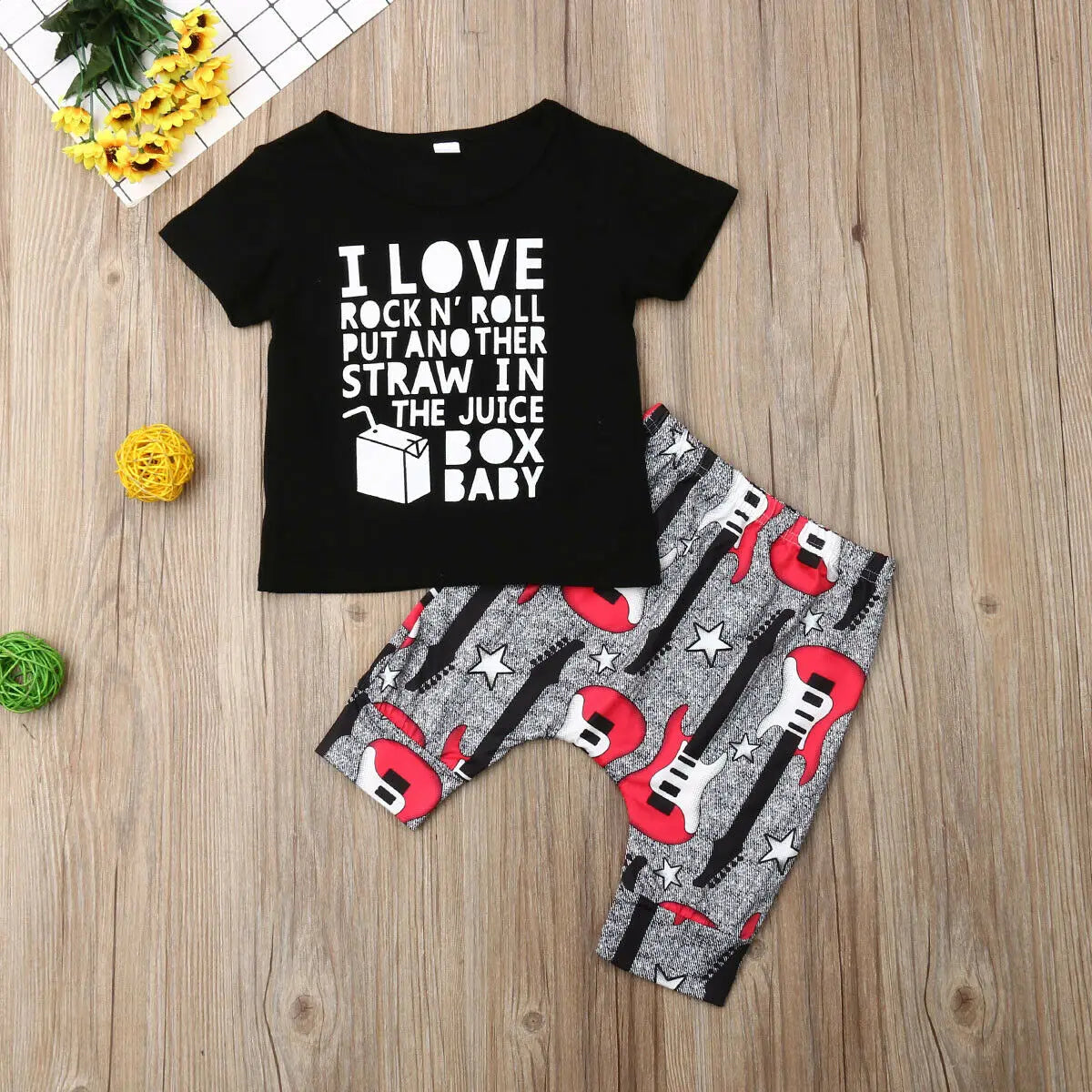 Toddler Guitar Print Outfit Set with Black Graphic T-Shirt and Matching Cropped Pants, Cotton Blend Summer Clothes for Boys and Girls, 18M-4T