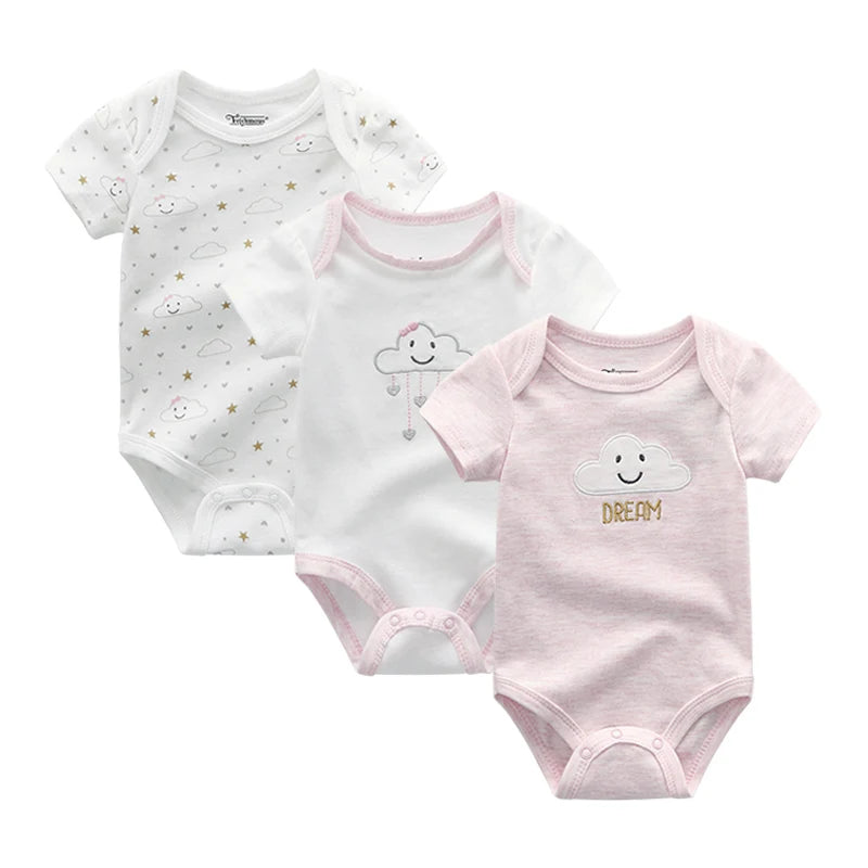 Cotton Infant Bodysuit Trio with Short Sleeves, Printed and Solid Baby One-Piece Outfits with Bottom Snaps for Boys and Girls, 3M-12M