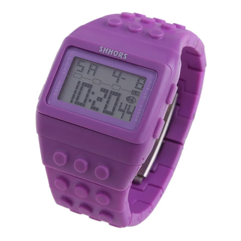 Colorful Link Digital Watch, Kids Block-Inspired Wristwatch with LED Backlight, Adjustable Plastic Band, Alarm, Calendar and Stopwatch for Daily Wear