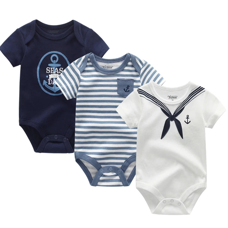 Cotton Infant Bodysuit Trio with Short Sleeves, Printed and Solid Baby One-Piece Outfits with Bottom Snaps for Boys and Girls, 3M-12M