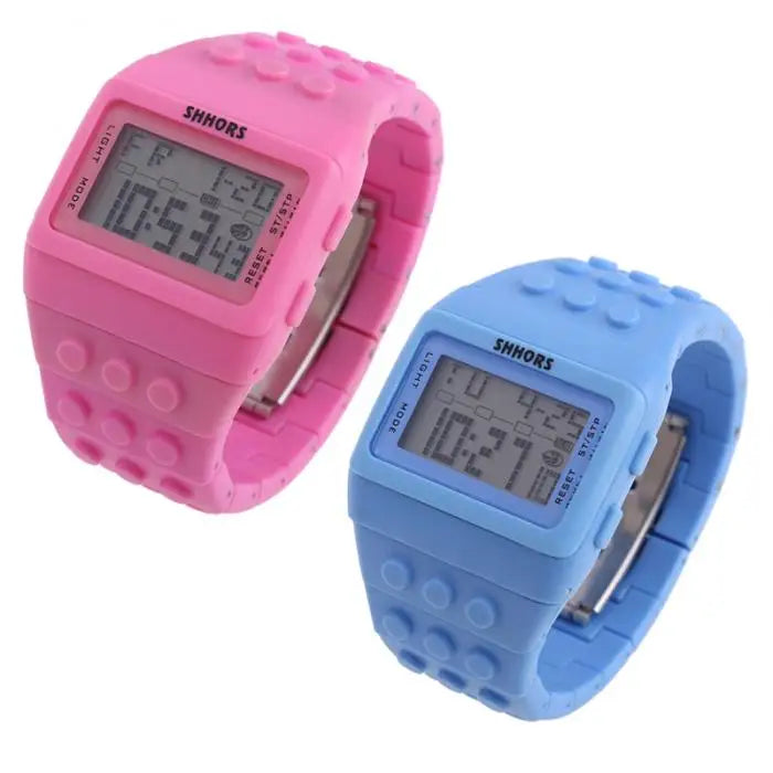 Colorful Link Digital Watch, Kids Block-Inspired Wristwatch with LED Backlight, Adjustable Plastic Band, Alarm, Calendar and Stopwatch for Daily Wear