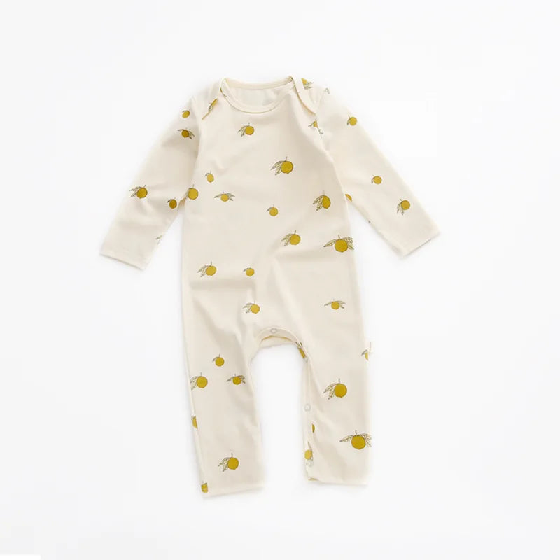 Printed Cotton Baby Romper with Long Sleeves and Footless Legs, Floral and Fruit Pattern One-Piece Outfit for Boys and Girls, Separate Hat Options