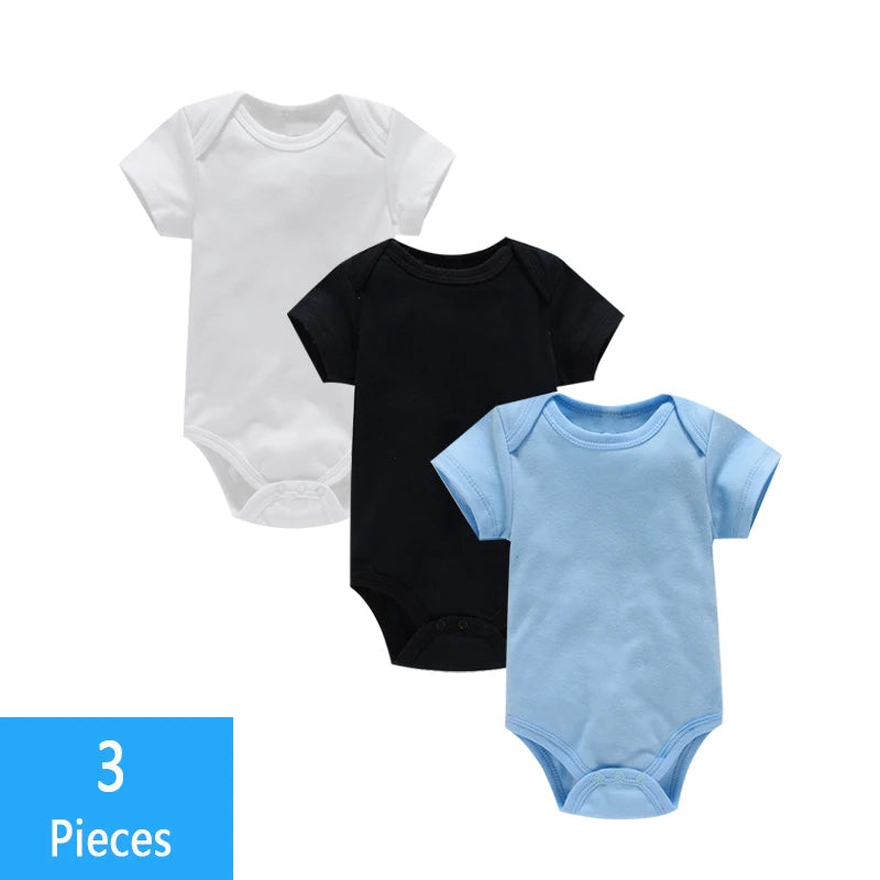 Short Sleeve Baby Bodysuits 3-Pack in 100% Cotton, Solid Color Infant One-Piece Outfits with Envelope Shoulders and Snap Bottoms for Daily Wear
