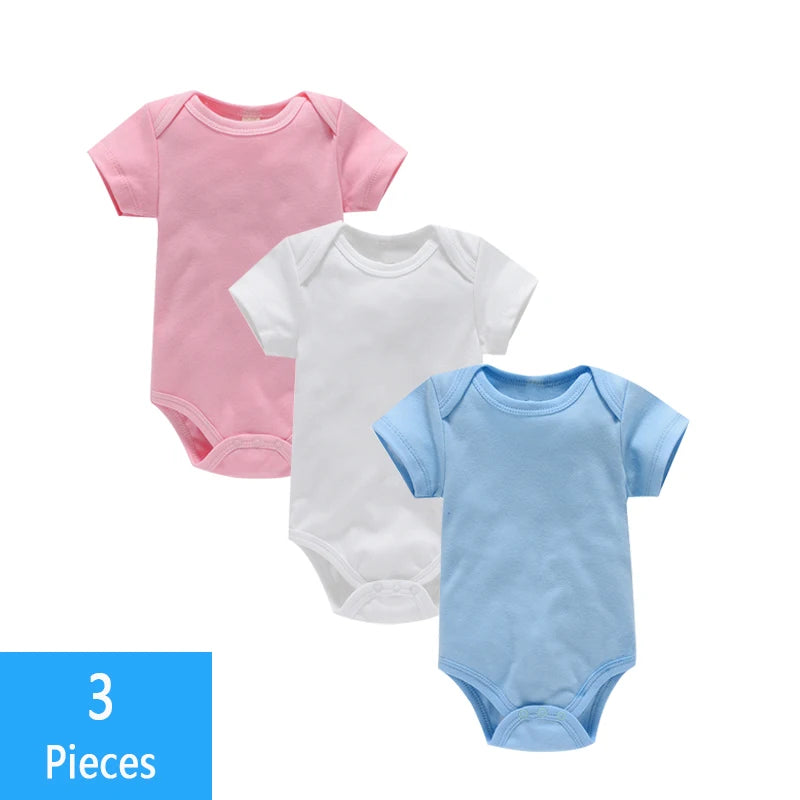 Short Sleeve Baby Bodysuits 3-Pack in 100% Cotton, Solid Color Infant One-Piece Outfits with Envelope Shoulders and Snap Bottoms for Daily Wear