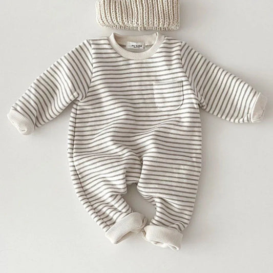 Striped Baby Romper with Chest Pocket, Long Sleeves and Contrast Cuffs, Cotton One-Piece Outfit for Boys and Girls in 6M, 9M, 12M and 24M Sizes