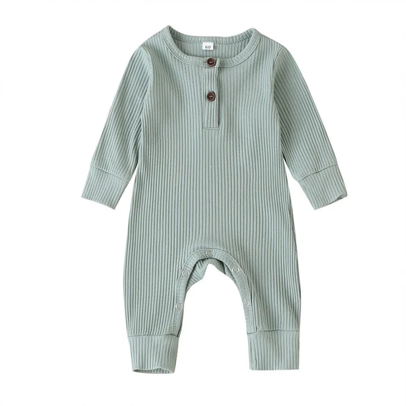 Ribbed Baby Romper with Button Neckline and Inner-Leg Snaps, Long Sleeve Cotton Knit One-Piece Outfit for Boys and Girls in 3M-18M Sizes