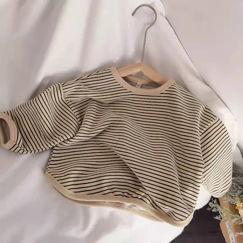 Striped Kids Sweatshirt with Crew Neck and Long Sleeves, Cotton Casual Pullover Top for Toddler Boys and Girls, Spring and Fall Layering