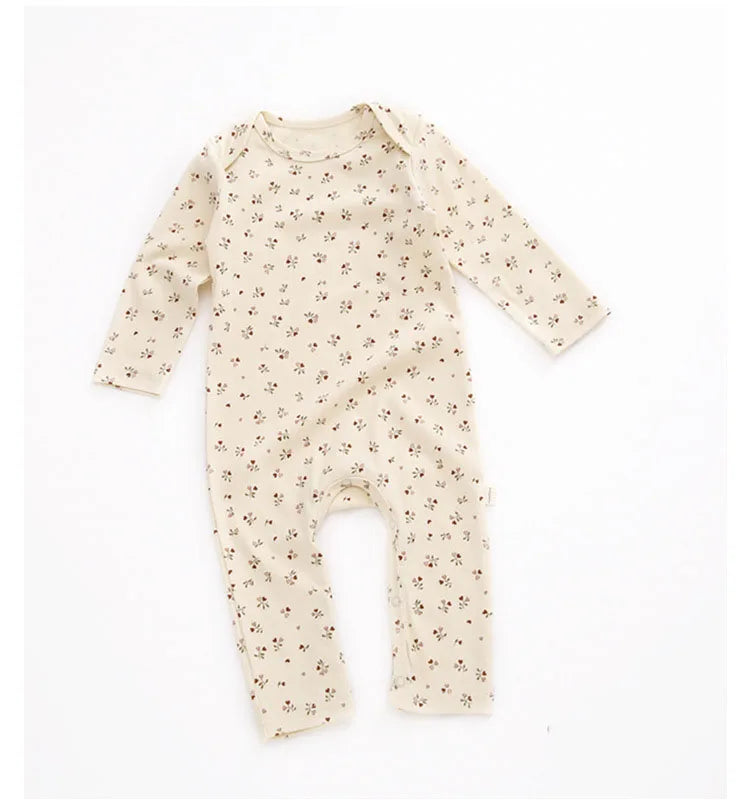 Printed Cotton Baby Romper with Long Sleeves and Footless Legs, Floral and Fruit Pattern One-Piece Outfit for Boys and Girls, Separate Hat Options