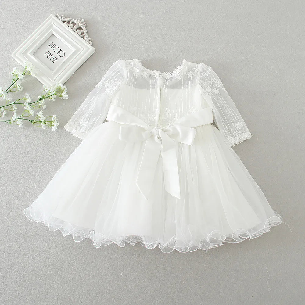 Baby Baptism Gown for Girls with Long Sleeves, Lace Details and Cotton Lining, Dress and Cap Set for Christening and First Birthday Photos