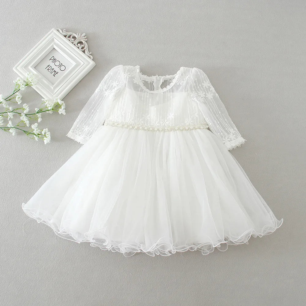 Baby Baptism Gown for Girls with Long Sleeves, Lace Details and Cotton Lining, Dress and Cap Set for Christening and First Birthday Photos