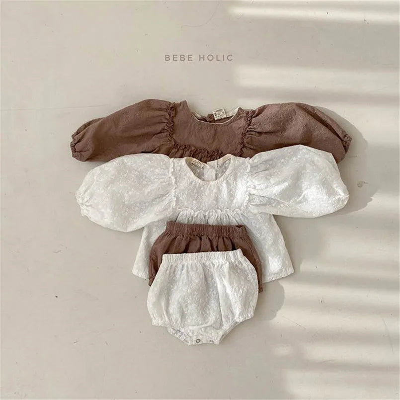 Baby Girl Bloomer Outfit Set with Vintage Lace Embroidery, Long Sleeve Cotton Top and Matching Shorts for Infants and Toddlers