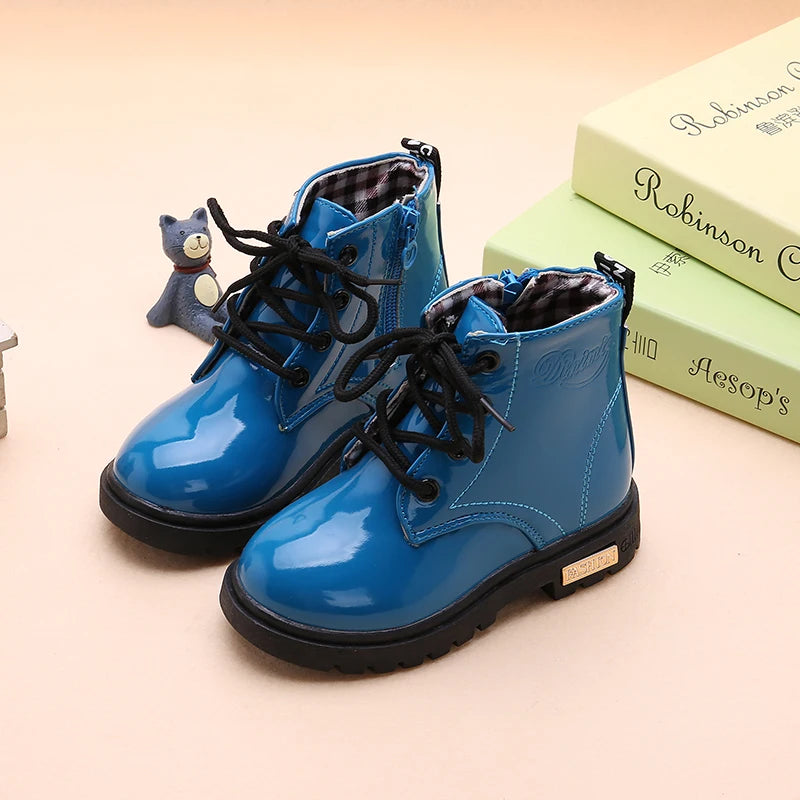 Lace-Up Kids Ankle Boots in PU Leather, Side-Zip Casual Shoes for Boys and Girls with Plush-Lined Options, Five Colors and Sizes 21-36