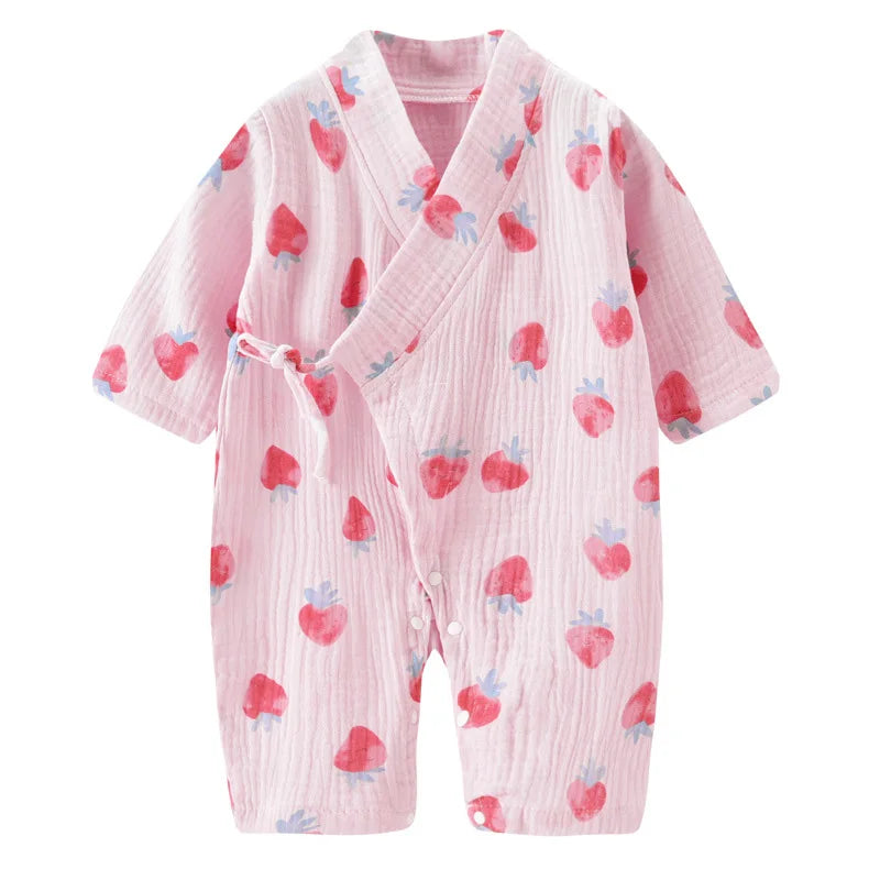Muslin Cotton Baby Kimono Romper with Side Ties and Leg Snaps, Long Sleeve Printed Footless Jumpsuit for Boys and Girls, 0-24 Months