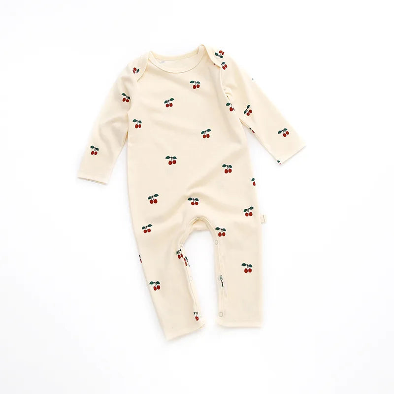 Printed Cotton Baby Romper with Long Sleeves and Footless Legs, Floral and Fruit Pattern One-Piece Outfit for Boys and Girls, Separate Hat Options