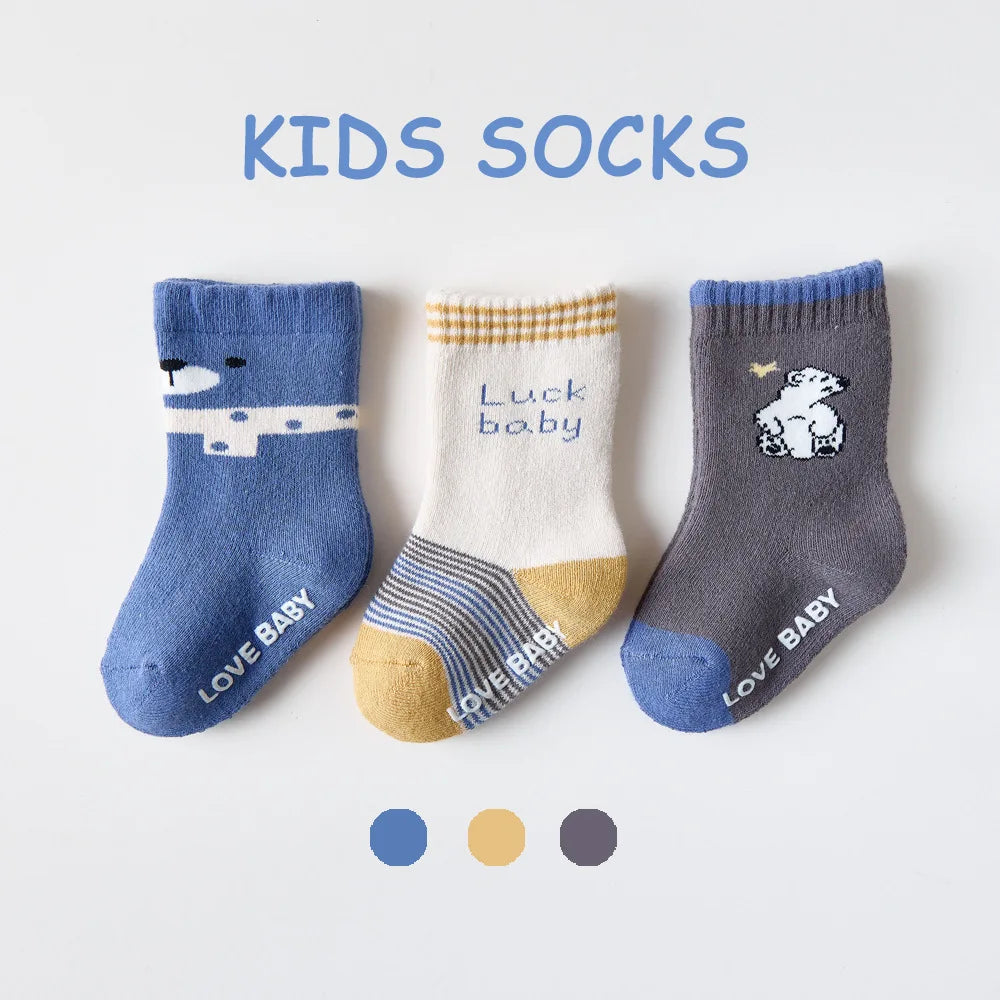 Baby Terry Cotton Socks 3-Pair Set, Thick Non-Slip Socks for Newborns, Infants and Toddlers Ages 0-5 Years for Cozy Fall and Winter Wear