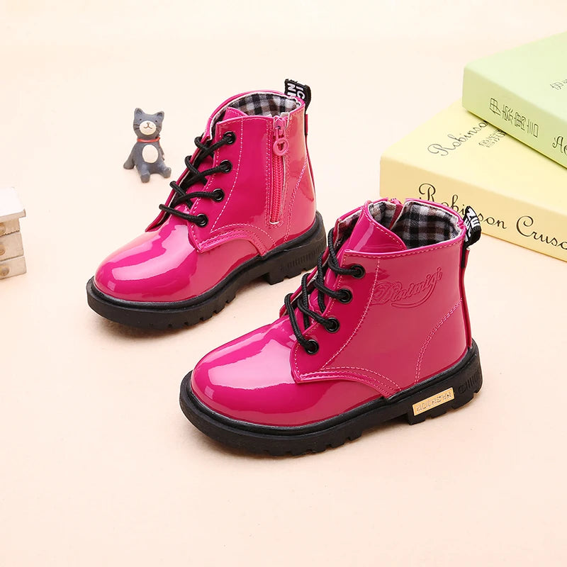 Lace-Up Kids Ankle Boots in PU Leather, Side-Zip Casual Shoes for Boys and Girls with Plush-Lined Options, Five Colors and Sizes 21-36