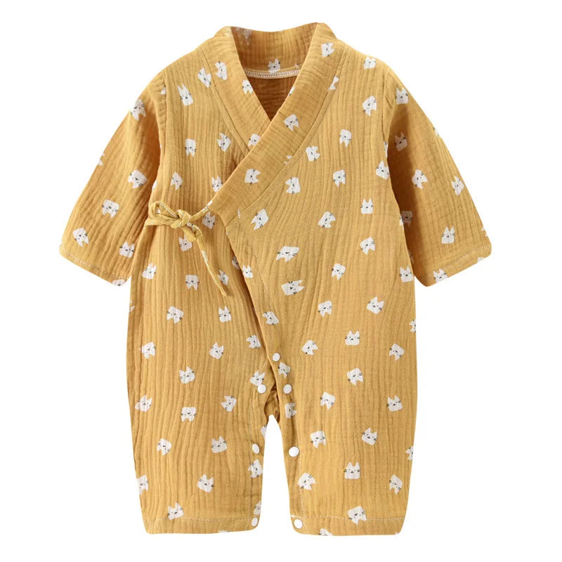 Muslin Cotton Baby Kimono Romper with Side Ties and Leg Snaps, Long Sleeve Printed Footless Jumpsuit for Boys and Girls, 0-24 Months