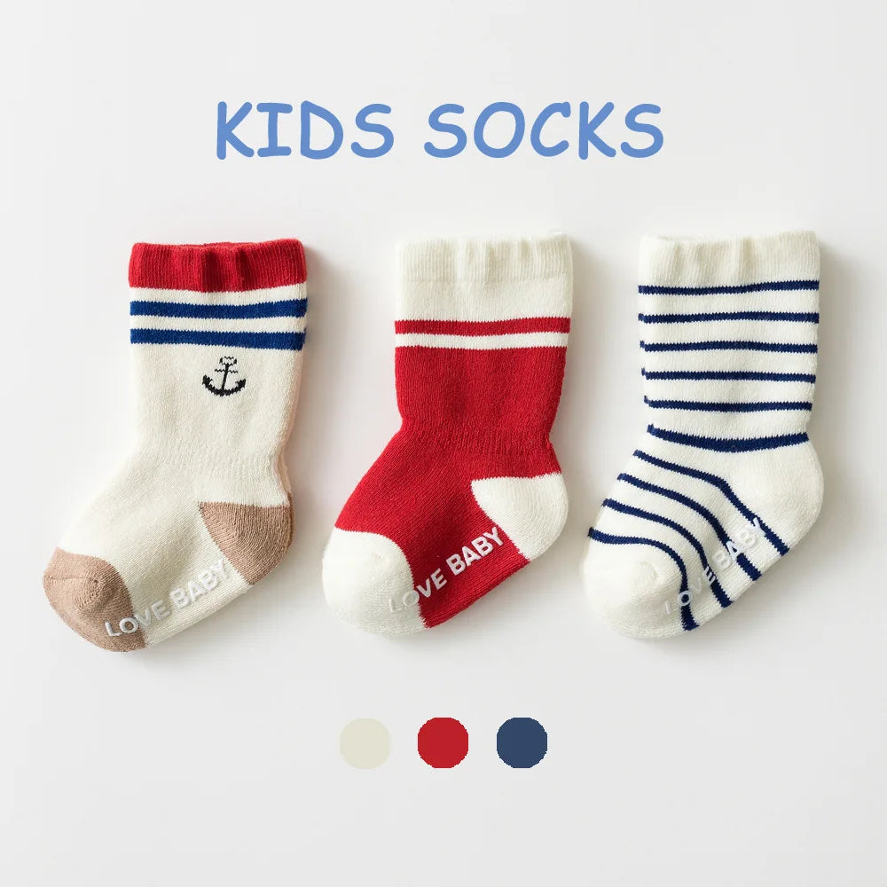 Baby Terry Cotton Socks 3-Pair Set, Thick Non-Slip Socks for Newborns, Infants and Toddlers Ages 0-5 Years for Cozy Fall and Winter Wear