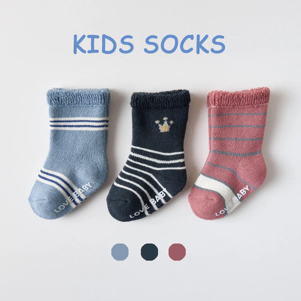 Baby Terry Cotton Socks 3-Pair Set, Thick Non-Slip Socks for Newborns, Infants and Toddlers Ages 0-5 Years for Cozy Fall and Winter Wear