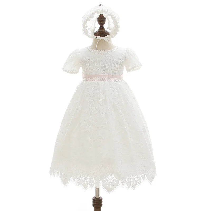Baby Baptism Gown for Girls with Long Sleeves, Lace Details and Cotton Lining, Dress and Cap Set for Christening and First Birthday Photos