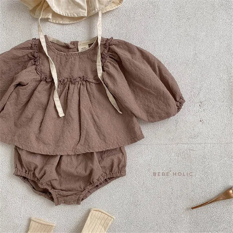 Baby Girl Bloomer Outfit Set with Vintage Lace Embroidery, Long Sleeve Cotton Top and Matching Shorts for Infants and Toddlers