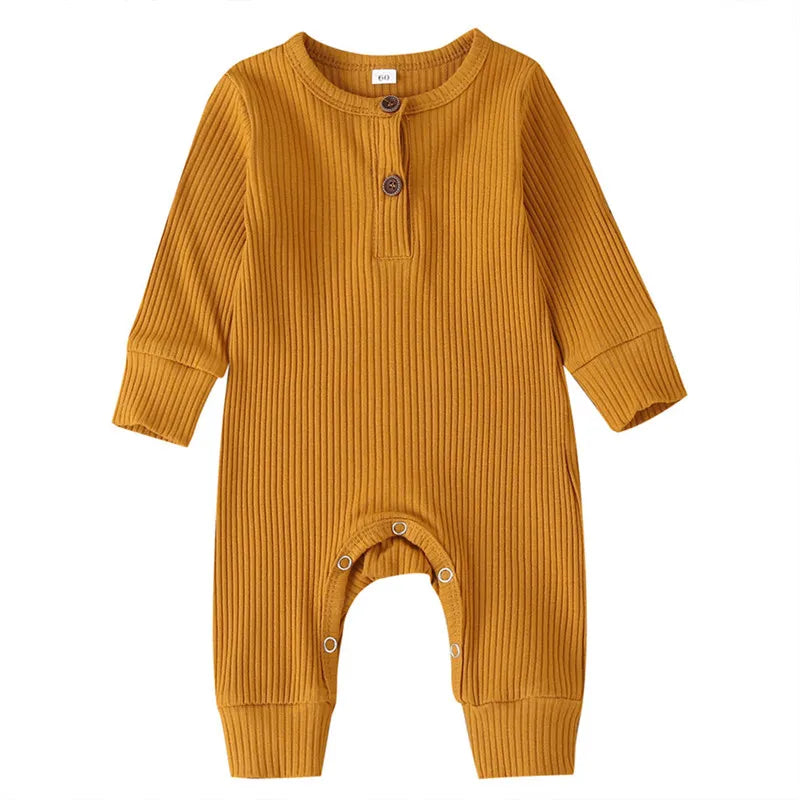 Ribbed Baby Romper with Button Neckline and Inner-Leg Snaps, Long Sleeve Cotton Knit One-Piece Outfit for Boys and Girls in 3M-18M Sizes