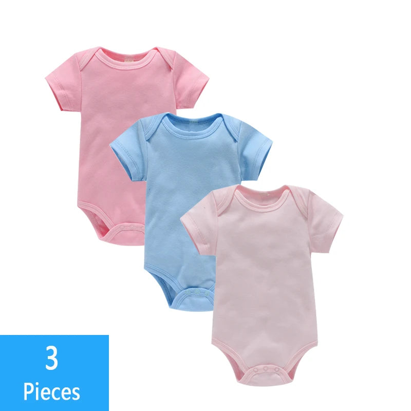 Short Sleeve Baby Bodysuits 3-Pack in 100% Cotton, Solid Color Infant One-Piece Outfits with Envelope Shoulders and Snap Bottoms for Daily Wear