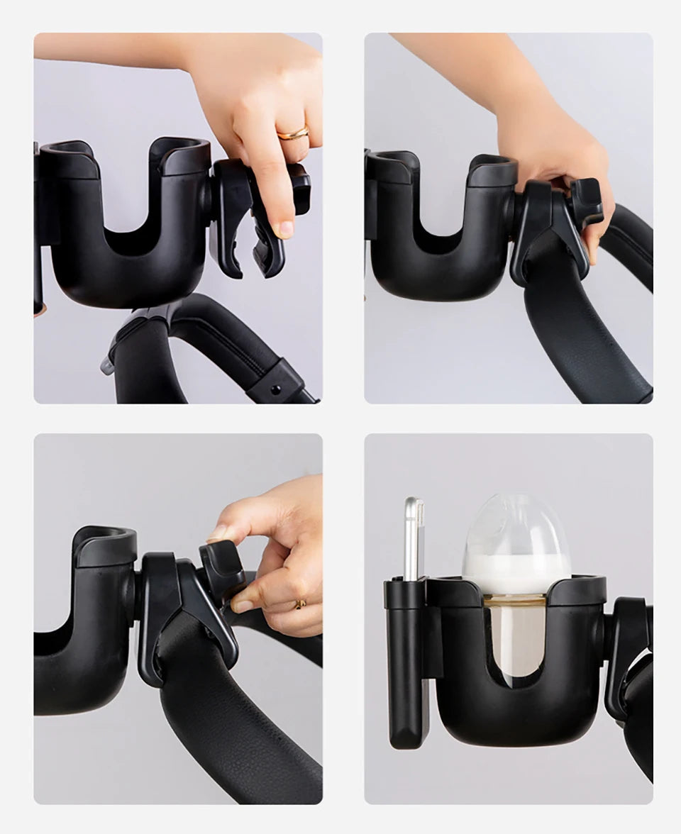 Stroller Bottle and Cup Holder with Clamp Mount and Optional Phone Slot, Single-Cup or Combination Storage Accessory for Walks and Family Outings