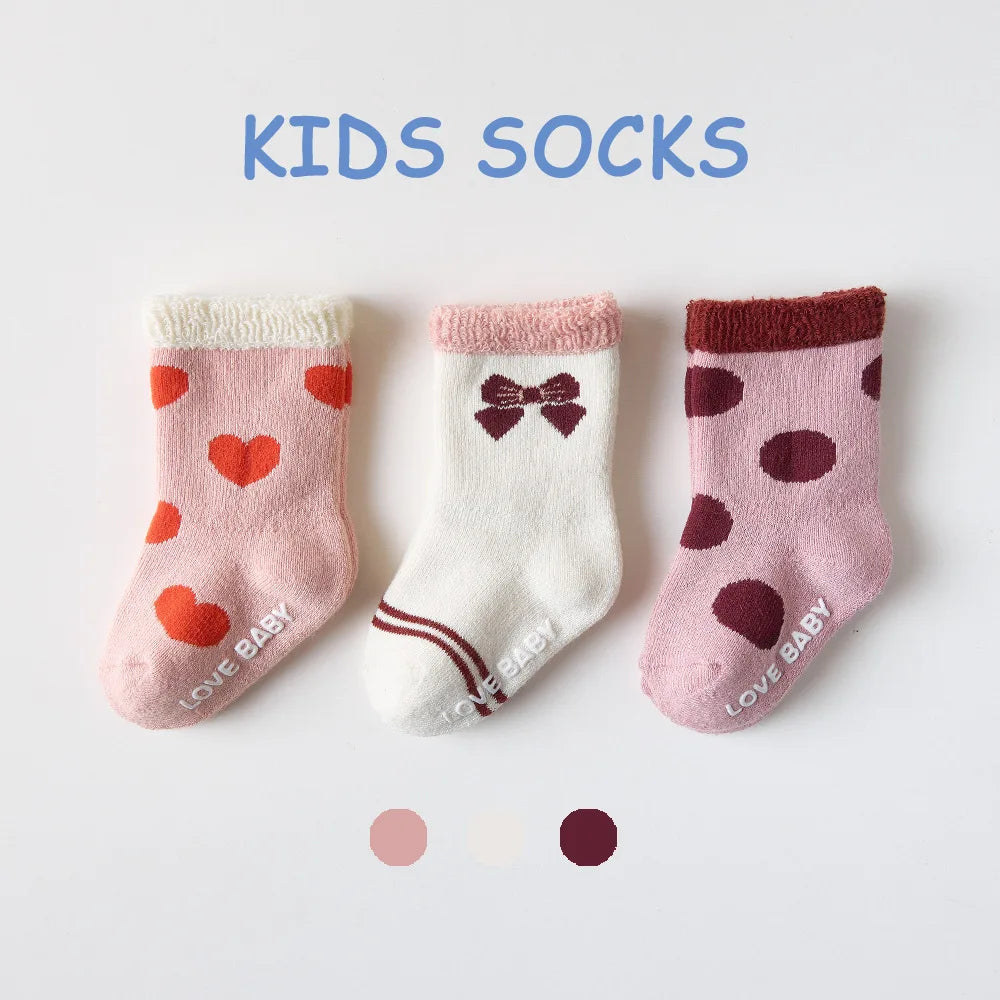 Baby Terry Cotton Socks 3-Pair Set, Thick Non-Slip Socks for Newborns, Infants and Toddlers Ages 0-5 Years for Cozy Fall and Winter Wear
