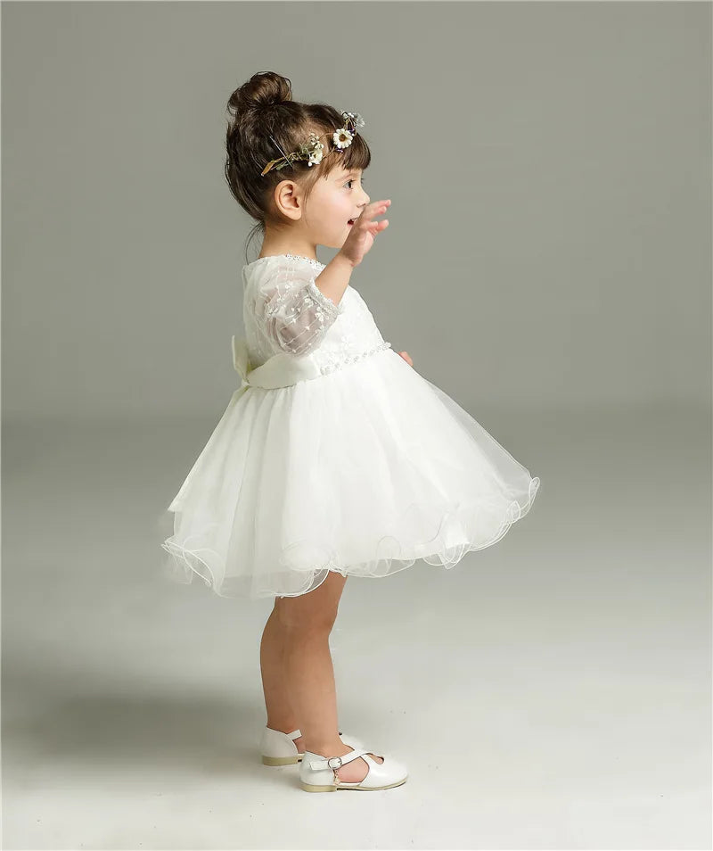 Baby Baptism Gown for Girls with Long Sleeves, Lace Details and Cotton Lining, Dress and Cap Set for Christening and First Birthday Photos