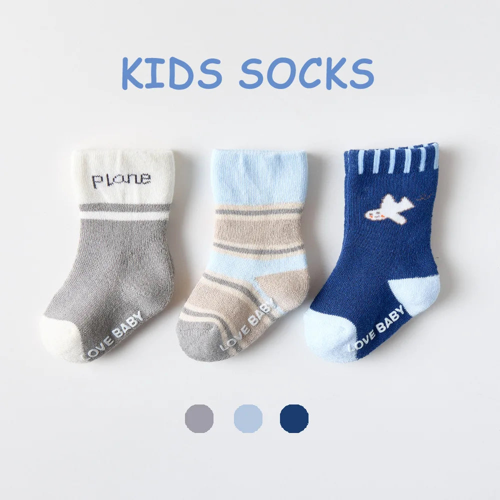 Baby Terry Cotton Socks 3-Pair Set, Thick Non-Slip Socks for Newborns, Infants and Toddlers Ages 0-5 Years for Cozy Fall and Winter Wear